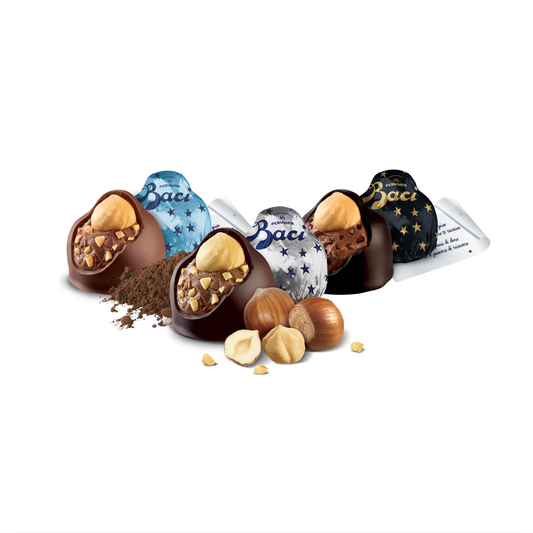 Baci Classic, Milk and Extra Dark chocolates with hazelnuts on a white background