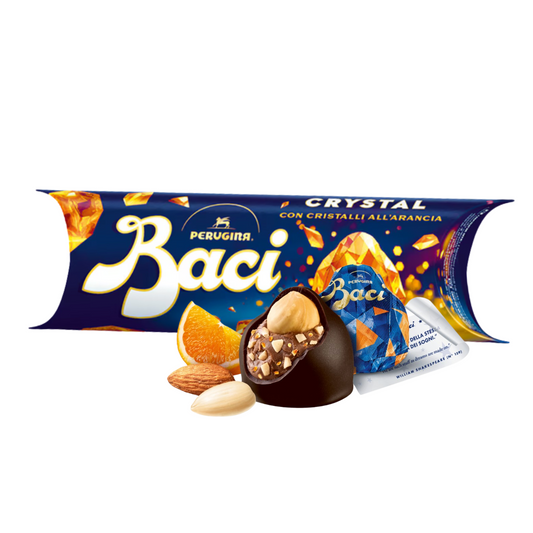 Baci Perugina chocolate packaging with a chocolate piece and orange on a white background