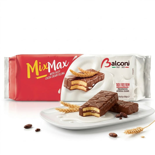 Balconi MixMax 350g package with chocolate sponge cakes on a white background