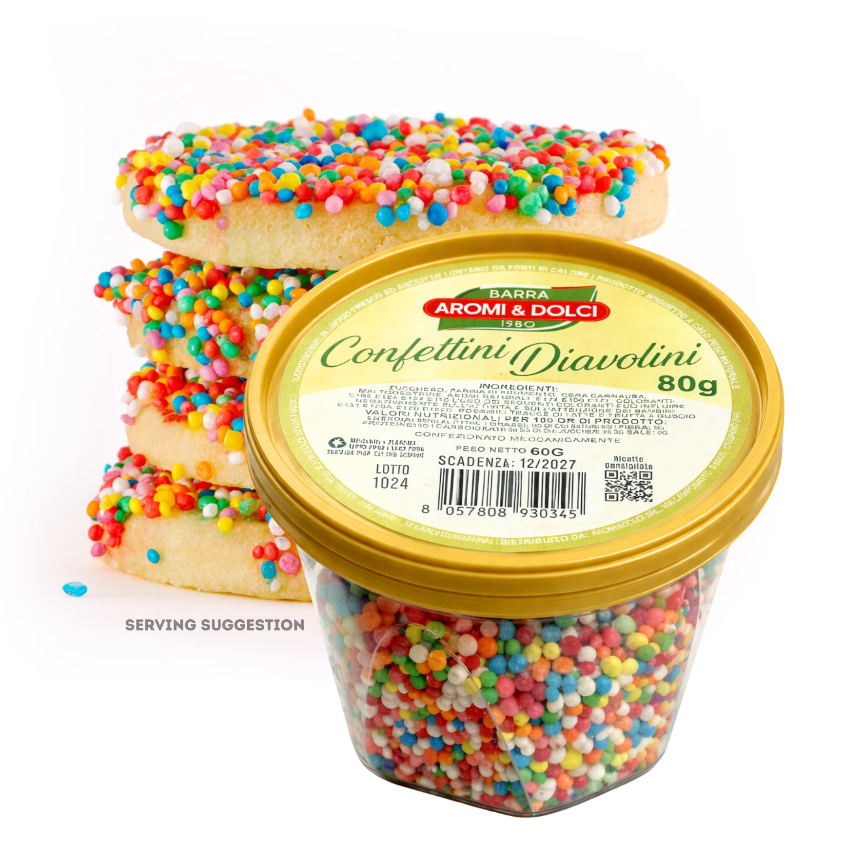Jar of colorful sprinkles with cookies on a white background