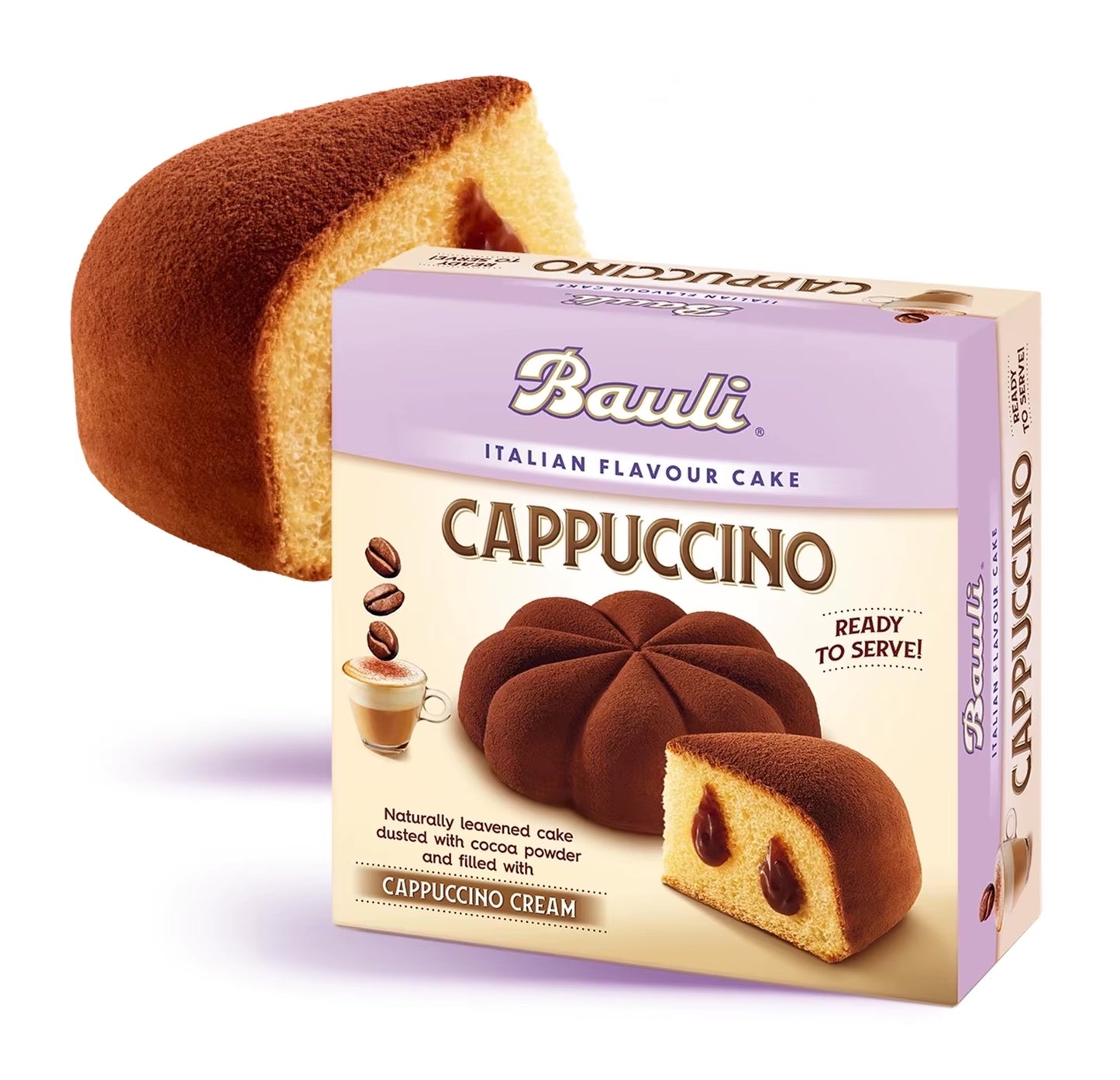 Bauli Cappuccino cake packaging with a slice of cake on a white background