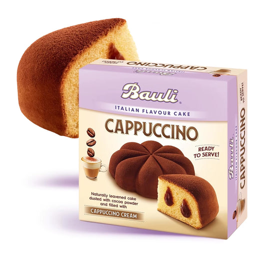 Bauli Cappuccino cake packaging with a slice of cake on a white background