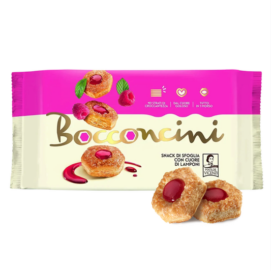 Bocconcini snack packaging with pink and white design on a white background