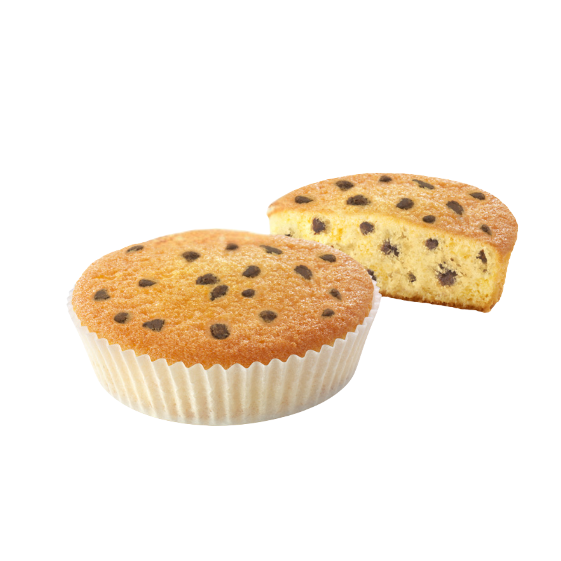 Two chocolate chip cakes, one in a white paper cup, on a white background