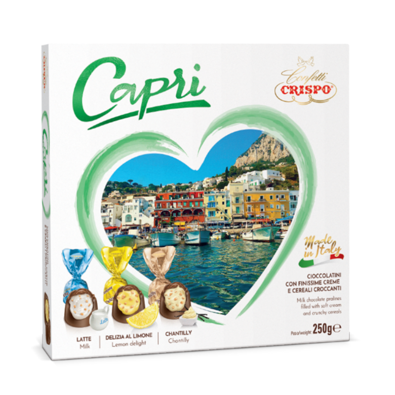 Box of Capri chocolate with a scenic view and colorful packaging