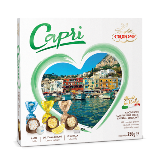 Box of Capri chocolate with a scenic view and colorful packaging