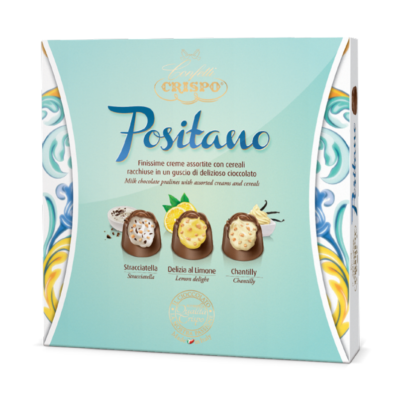 Crispo Positano chocolate packaging with illustrations of chocolate pieces on a light blue background