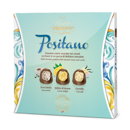 Crispo Positano chocolate packaging with illustrations of chocolate pieces on a light blue background