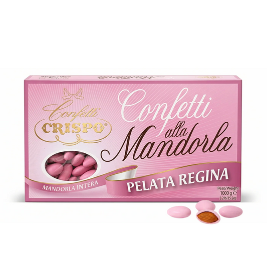 Pink box of Confetti alla Mandorla with Crispo branding on a white background