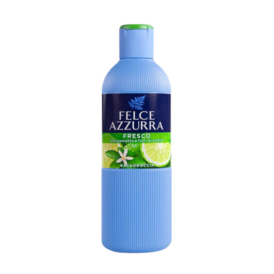 Blue bottle of Felce Azzurra Fresco on a white background