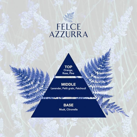 Felce Azzurra fragrance pyramid with floral elements on a light background