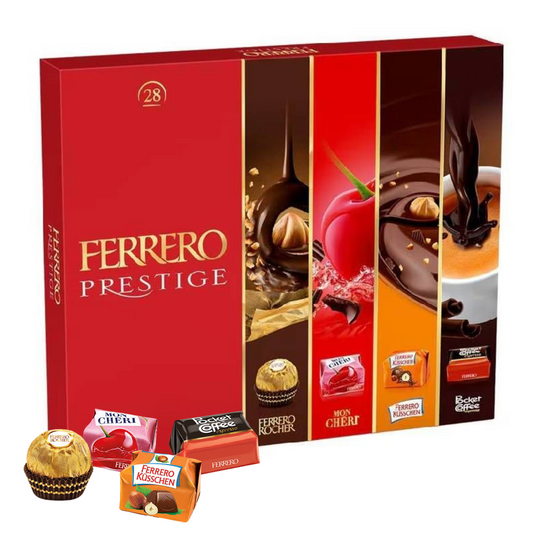 Ferrero Prestige chocolate box with images of various Ferrero products on a white background
