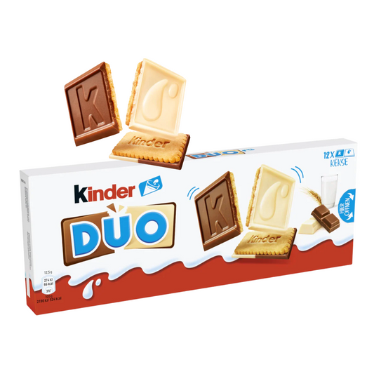Kinder Duo chocolate bar packaging with two cookies on a white background