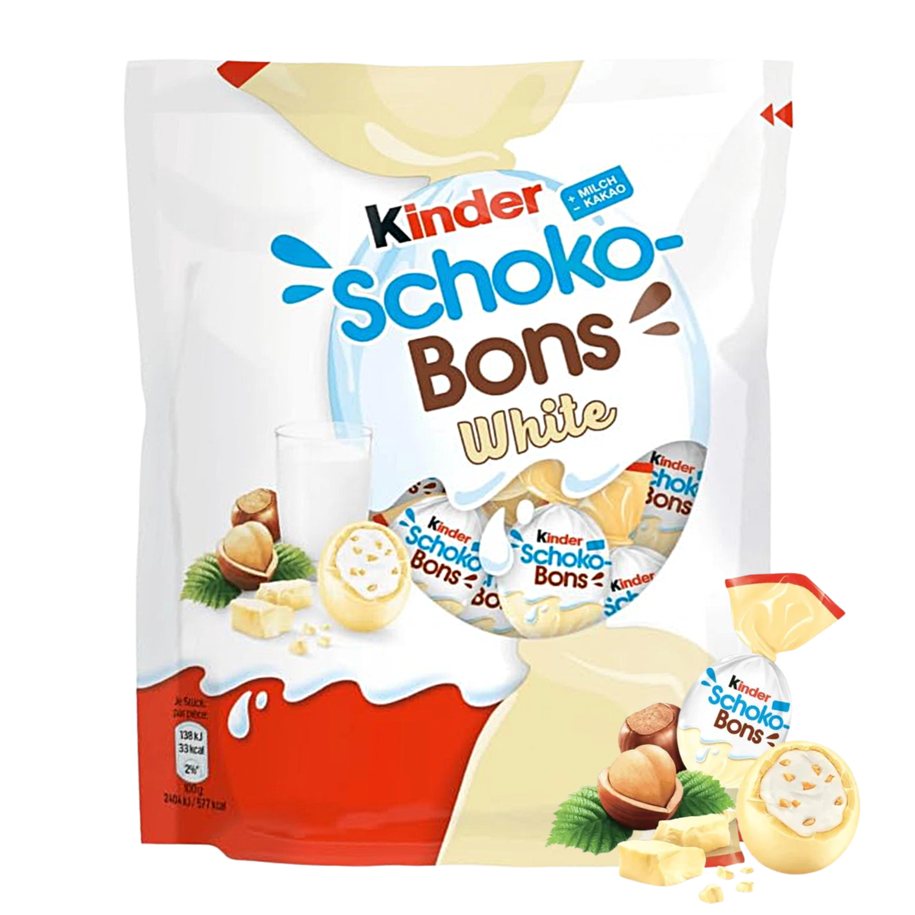 Kinder Schoko Bons White packaging with chocolate pieces and milk cream illustration.
