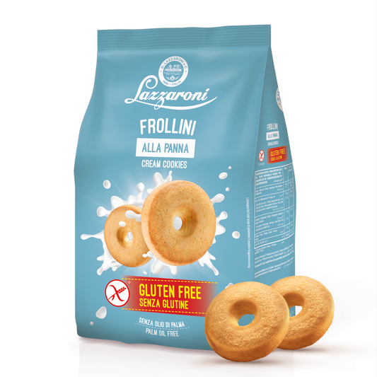 Lazzaroni Frollini gluten-free cream cookies packaging with cookies in front