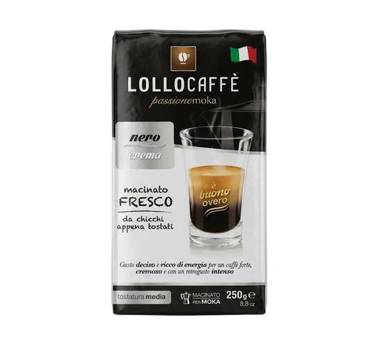 Lollo Caffè Nero Crema Macinato Ground Coffee 250g – Traditional Neapolitan Espresso