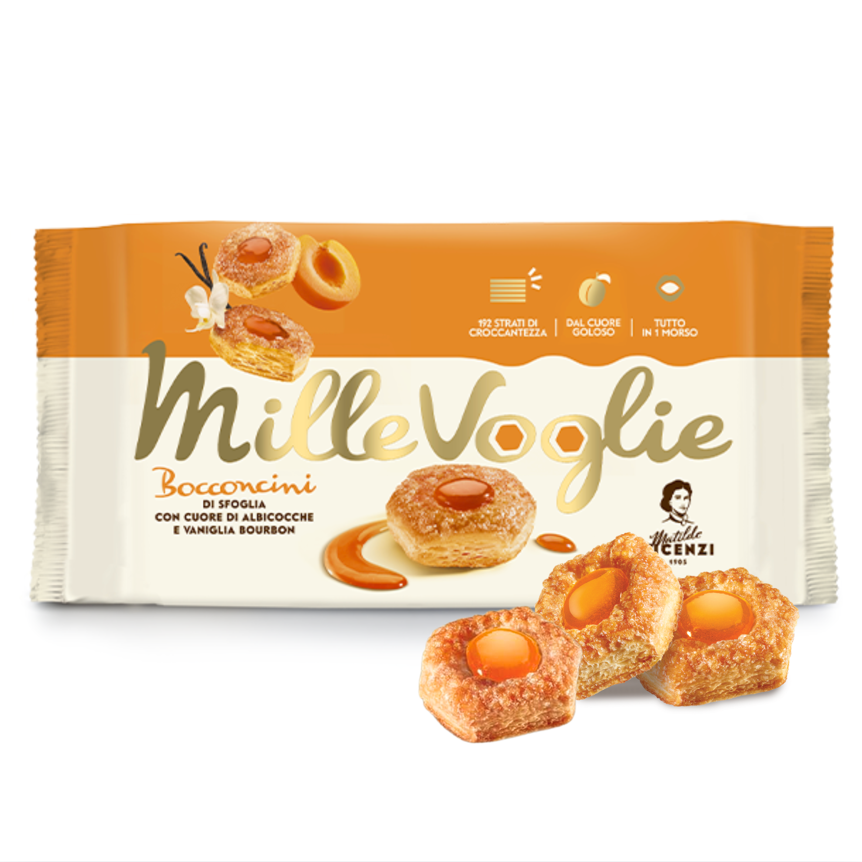 MilleVoglie biscotti with an orange and white design on a white background