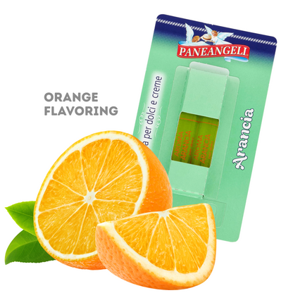 Paneangeli Arancia orange flavoring package with sliced oranges on a white background