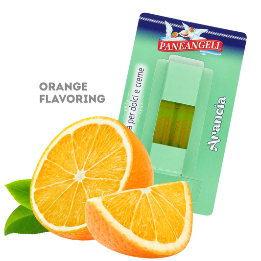 Paneangeli Arancia orange flavoring package with sliced oranges on a white background
