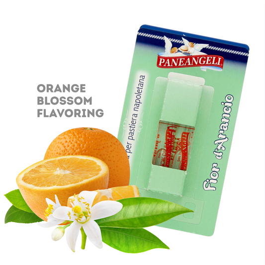 Paneangeli Fior d'Arancio with oranges, orange blossom flowers, and leaves on a white background