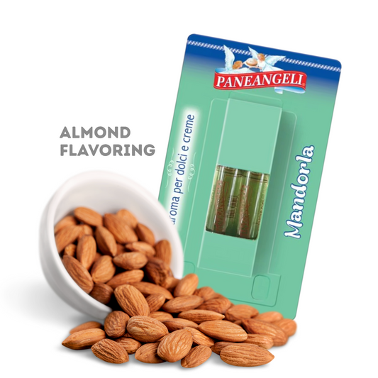 Paneangeli almond flavoring package with almonds on a white background