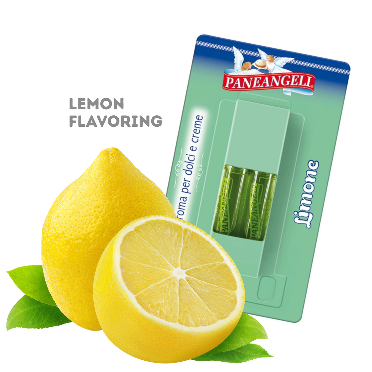 Paneangeli lemon flavoring package with lemons on a white background