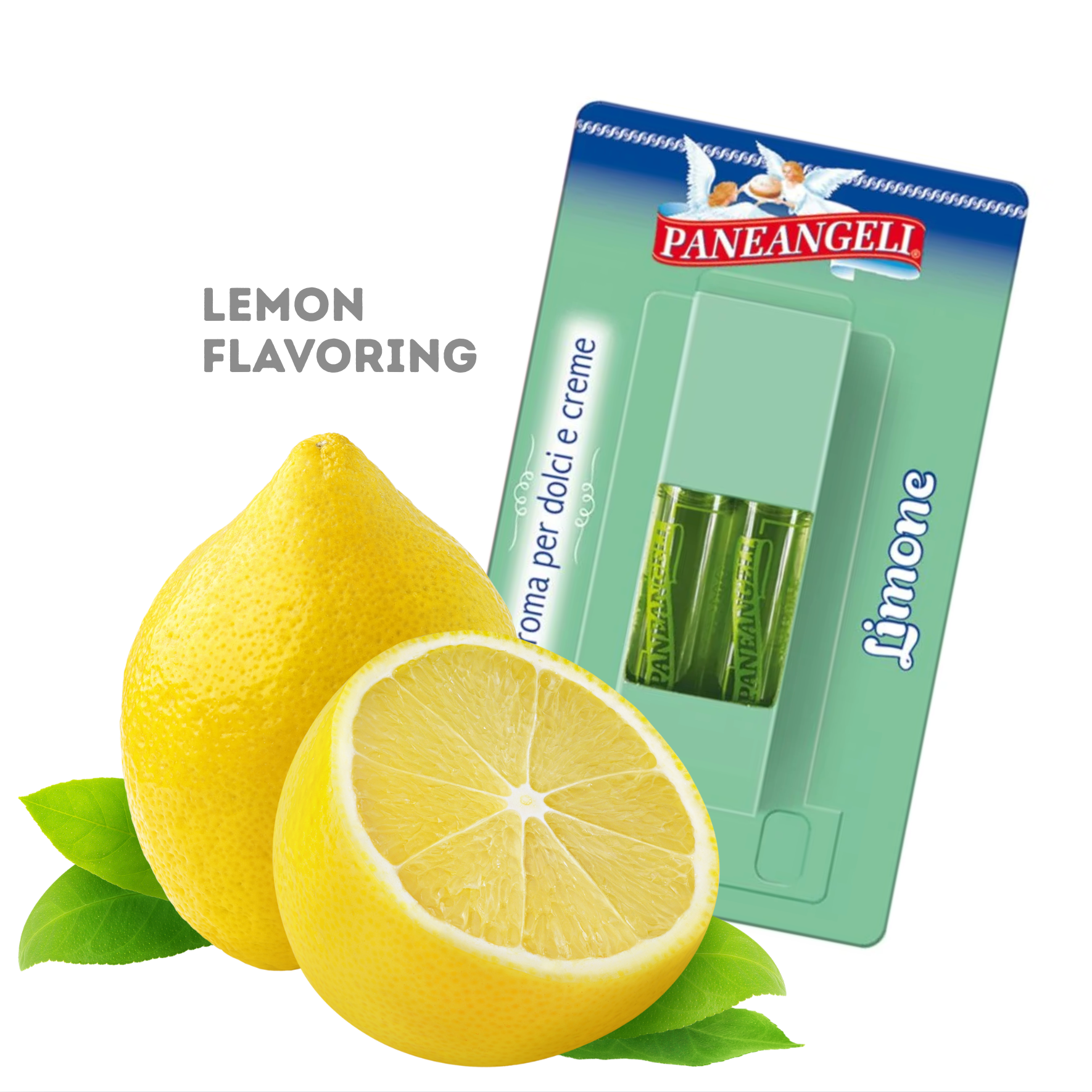 Paneangeli lemon flavoring package with lemons on a white background