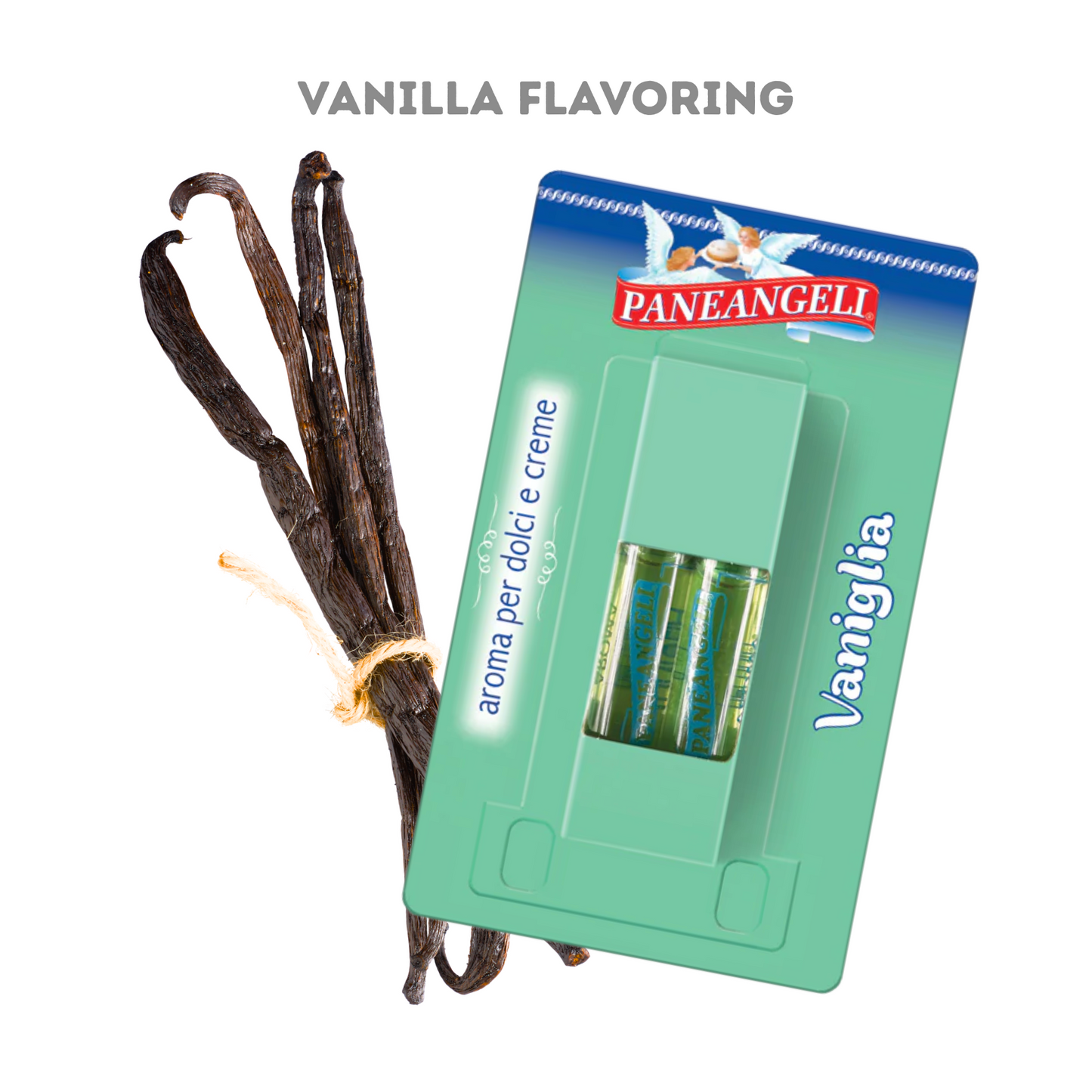 Paneangeli vanilla flavoring package with vanilla beans on a white background