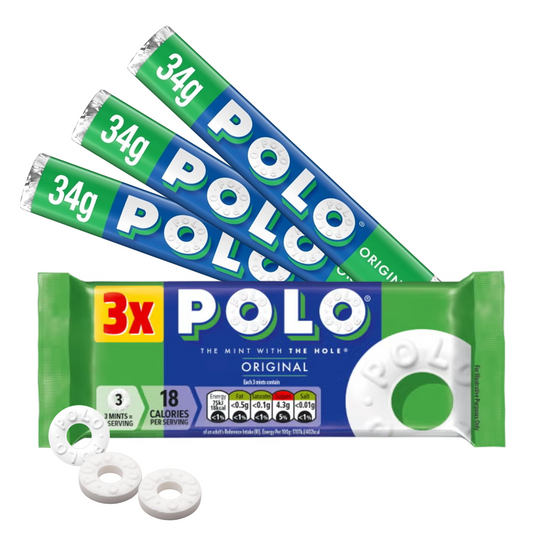 Packaging of Polo mints with multiple sticks and a box on a white background