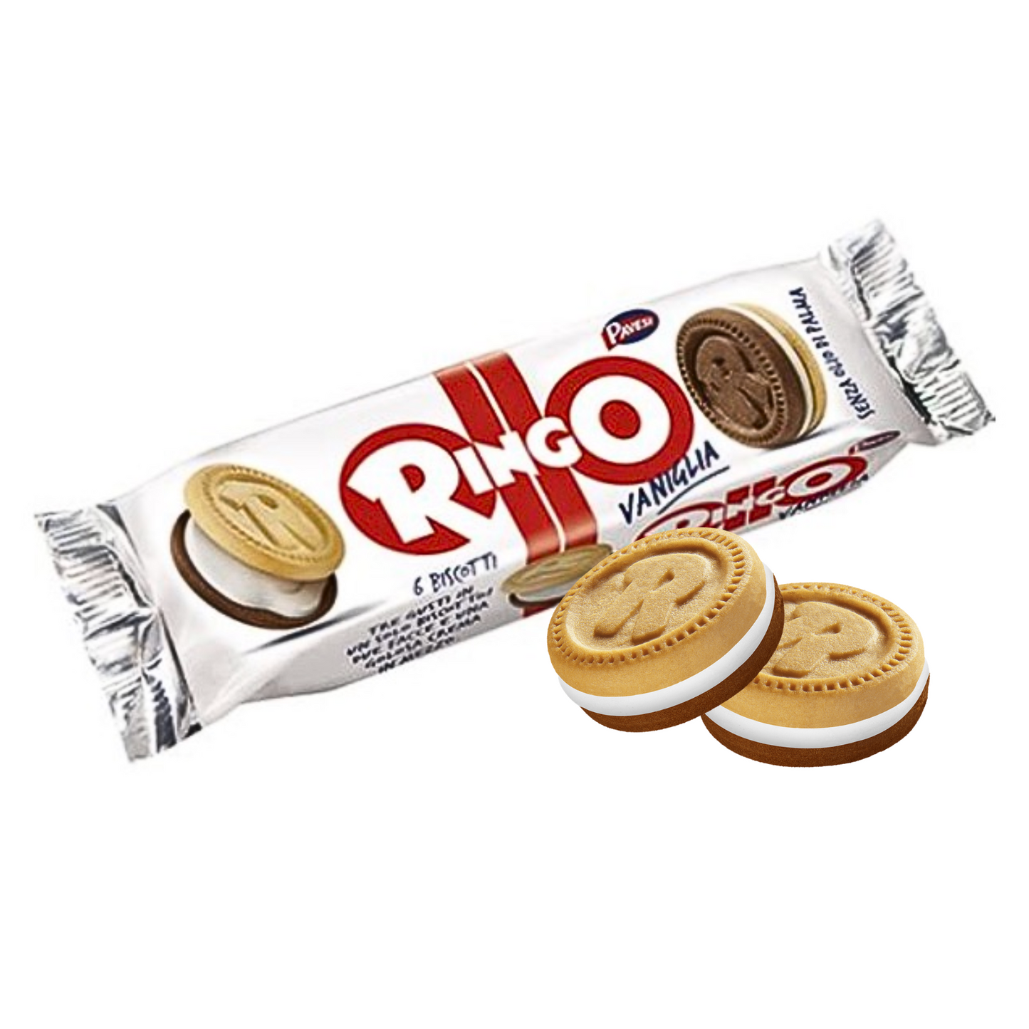 Packaged vanilla RINGO cookies on a white background