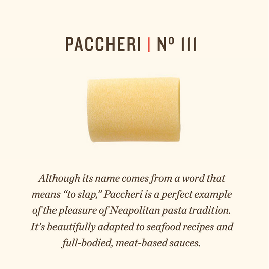 Paccheri pasta with description on a white background