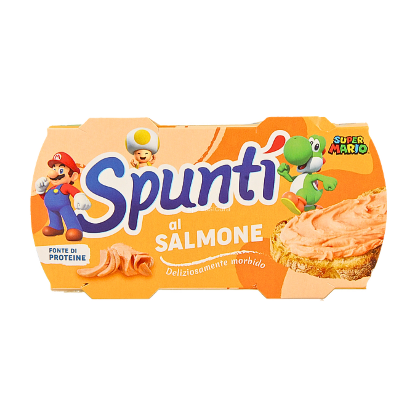 Spunti salmon spread packaging with Super Mario characters on a white background