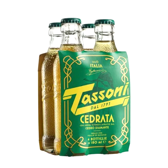 Pack of Tassoni Cedrata bottles with green label on a white background