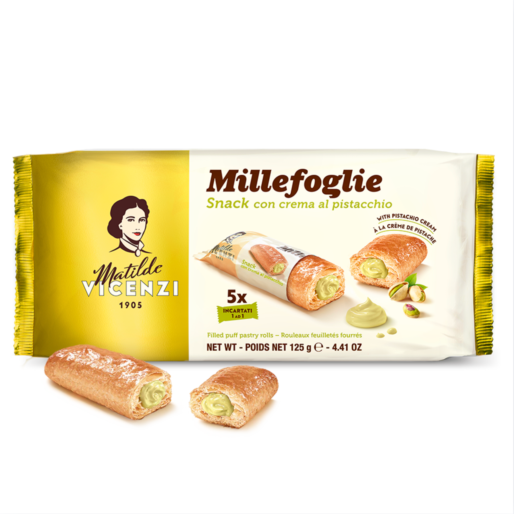 Packaging of Millefoglie snack with pistachio cream by Matilde Vicenzi on a white background