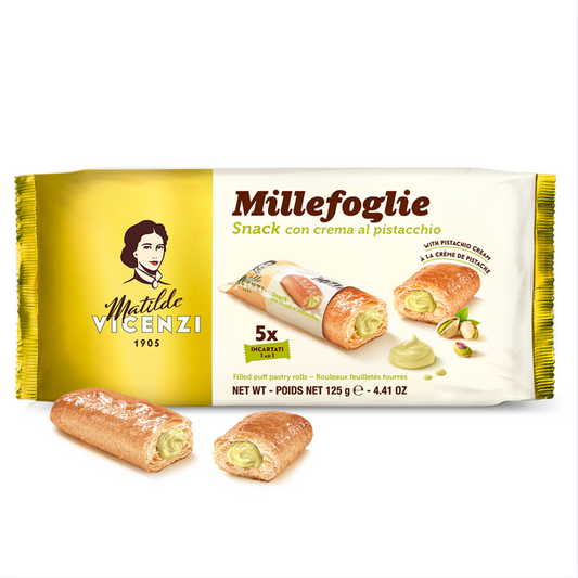 Packaging of Millefoglie snack with pistachio cream by Matilde Vicenzi on a white background