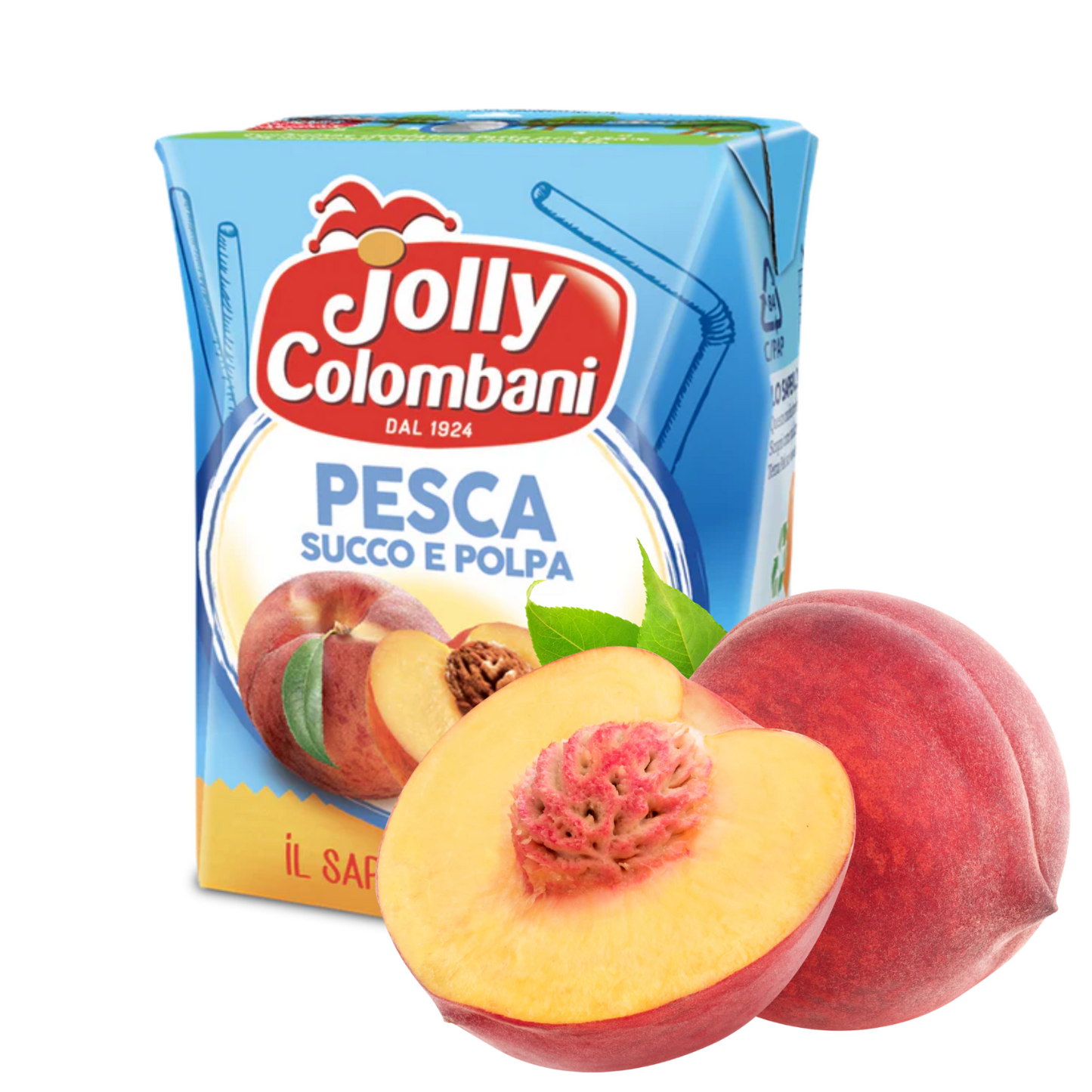 Jolly Colombani peach juice box with a sliced peach on a white background